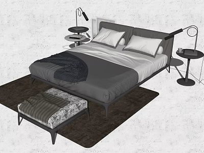 Modern Double Bed with Gray White Bedding Side Tables Lamps Rug and Stool 3d model