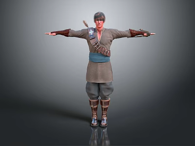 Traditional Outfit Character With Sword Blue Sash Long Boots And Arms Outstretched Pose 3d model