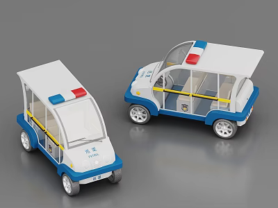 Two Blue And White Mini Electric Police Patrol Vehicles With Roof Lights 3d model
