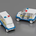 Two Blue And White Mini Electric Police Patrol Vehicles With Roof Lights