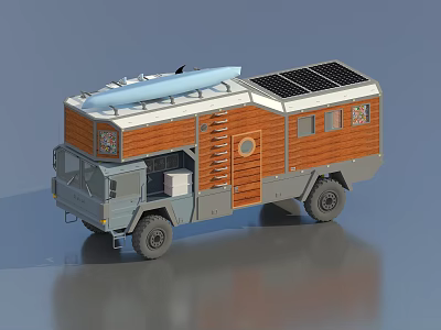 Camper Van With Solar Panels Wooden Exterior And Surfboard On Top 3d model