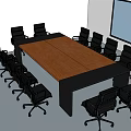 Conference Table with Black Office Chairs Wooden Bookshelf and Projection Screen