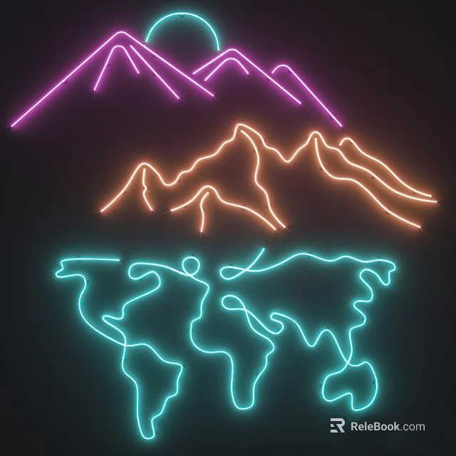 Elegant Candle Lamp With Neon Lights Mountain Peaks And World Map On Dark Backdrop 3d model 