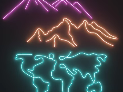 Elegant Candle Lamp With Neon Lights Mountain Peaks And World Map On Dark Backdrop 3d model