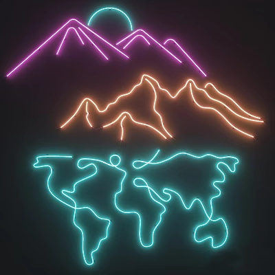 Elegant Candle Lamp With Neon Lights Mountain Peaks And World Map On Dark Backdrop 3d model