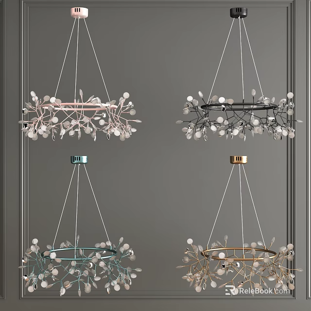 Colorful Chandeliers with Branch Like Decorations and Spherical Elements on Grey Background 3d model 