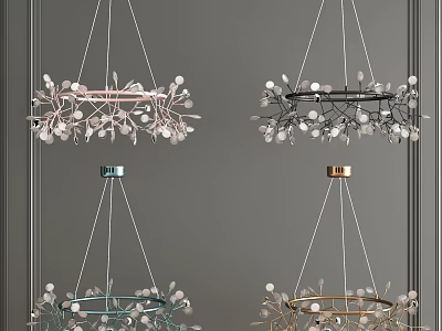 Colorful Chandeliers with Branch Like Decorations and Spherical Elements on Grey Background 3d model