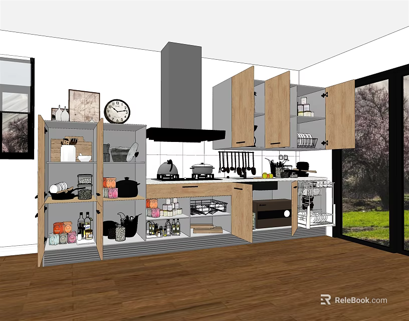 Modern Kitchen With Wooden Open Closed Cabinets Island Counter And Garden View 3d model 