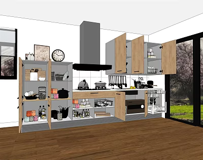Modern Kitchen With Wooden Open Closed Cabinets Island Counter And Garden View 3d model