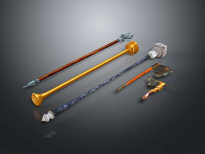 Various Decorative Weapons Including Golden Staffs Blue Patterned Rods And Wooden Poles 3d model
