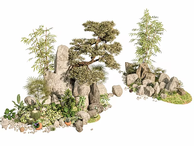 Natural Rockery Stones Decorated With Pine Tree Bamboo And Green Plants 3d model