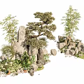 Natural Rockery Stones Decorated With Pine Tree Bamboo And Green Plants