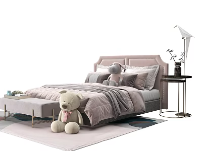 Cozy Modern Double Bed With Soft Bedding Plush Toy Bench And Nightstand Lamp 3d model