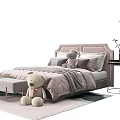 Cozy Modern Double Bed With Soft Bedding Plush Toy Bench And Nightstand Lamp