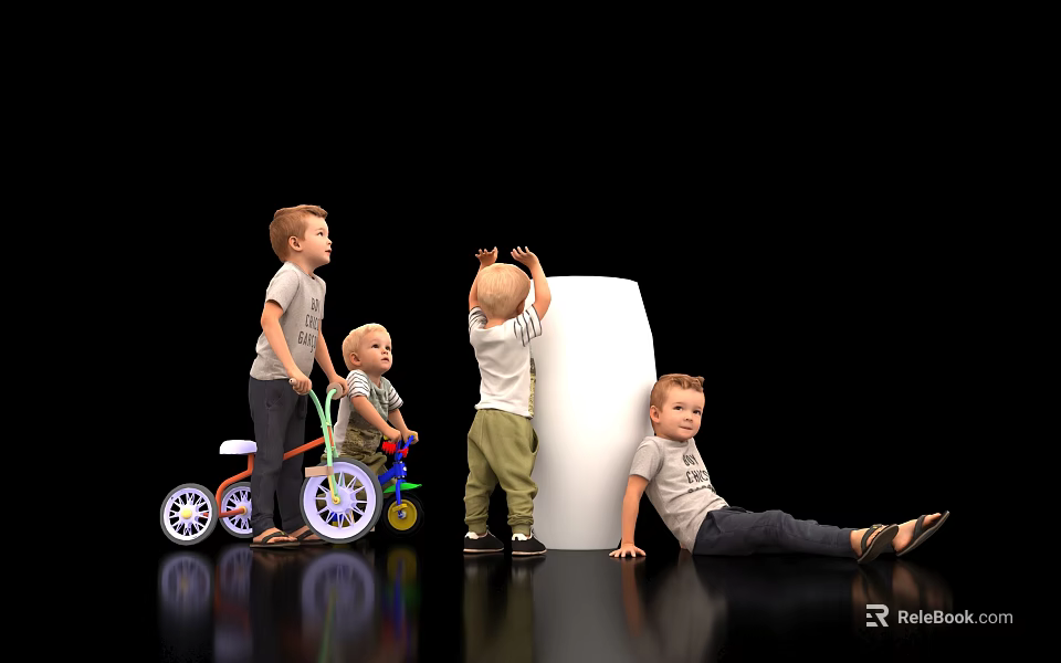 Group of children playing around white pillar with tricycle and various poses 3d model 