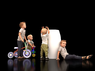 Group of children playing around white pillar with tricycle and various poses 3d model