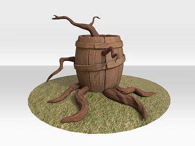 Decorative Wooden Barrel With Tree Roots On Green Grass Surface 3d model