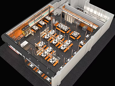 Modern Hotpot Restaurant Interior With Seating Arrangement Dining Tables And Open Layout 3d model