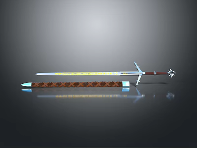 Decorative Sword with Yellow Ornate Blade Brown Hilt and Carved Scabbard 3d model