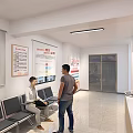 Modern Retail Store Interior With Orange Wall Product Display Counter And Standing Man