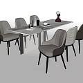 Modern Dining Table Set with Six Gray Fabric Chairs and Decorative Vase