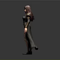 3D Model Woman With Long Hair In Black Coat Gold Trim And Slit Design Standing