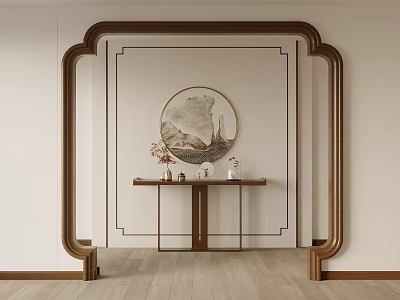 Chinese Style Foyer Hallway With Wooden Arch Console Table And Circular Painting 3d model