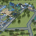 Children's Playground With Blue Slide Climbing Structures And Tree Shaded Area