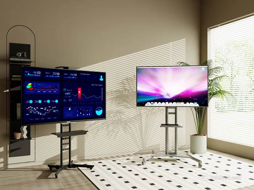 Modern TVs on Stands Display Data Interface and Scenic Image in Bright Room with Plant 3d model 