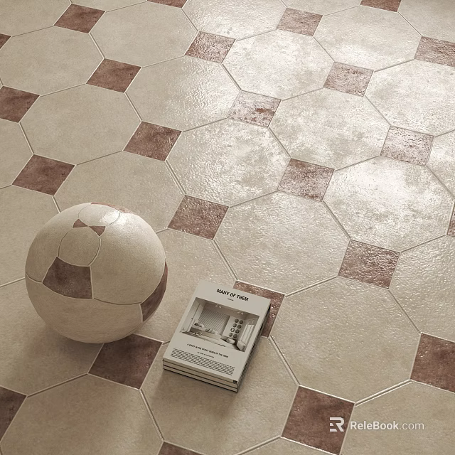 Patterned Hexagonal Beige And Brown Floor Tiles With Football And Magazine 3d model 