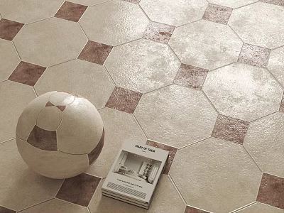Patterned Hexagonal Beige And Brown Floor Tiles With Football And Magazine 3d model