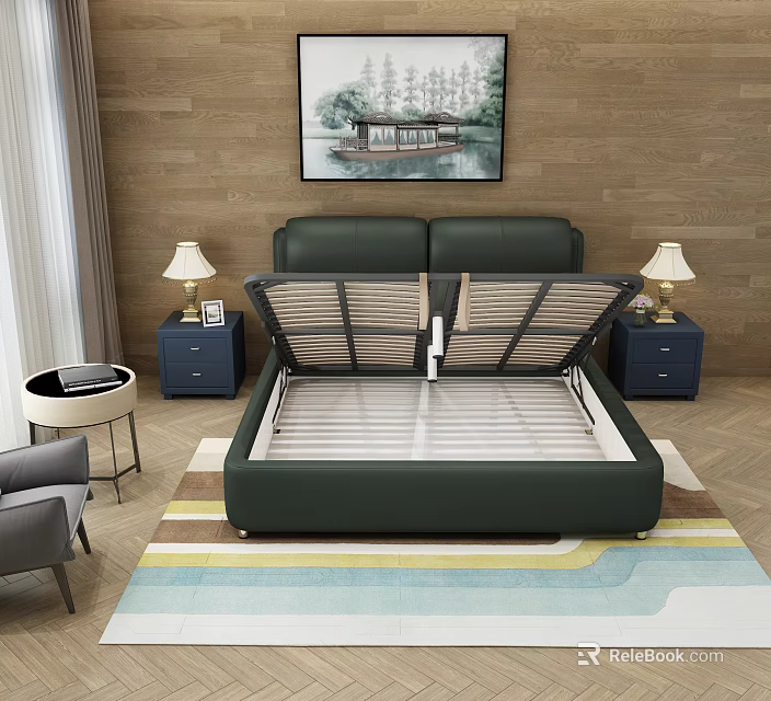 Modern Green Leather Double Bed with Storage Space Wooden Wall Nightstands Table Lamps and Rug 3d model 