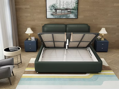 Modern Green Leather Double Bed with Storage Space Wooden Wall Nightstands Table Lamps and Rug 3d model