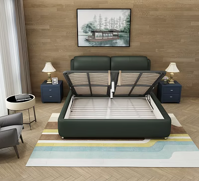 Modern Green Leather Double Bed with Storage Space Wooden Wall Nightstands Table Lamps and Rug 3d model