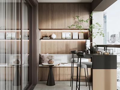 Modern Home Balcony With Wooden Cabinets Bar Counter Stools Green Plants And City View 3d model