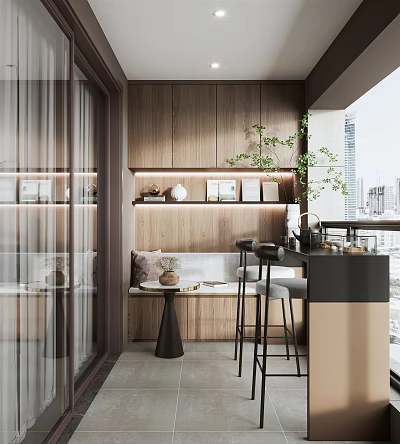 Modern Home Balcony With Wooden Cabinets Bar Counter Stools Green Plants And City View 3d model