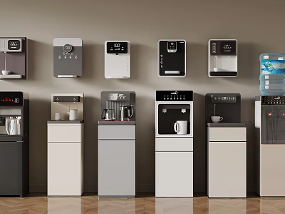 Various Water Dispensers In Different Styles And Colors Arranged Against Wall 3d model