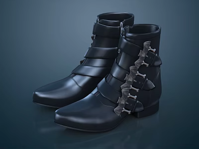 Black Leather High Top Boots With Metallic Buckles Stylish Design Elements 3d model