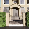 Serene Courtyard Garden with Pond Reflections Pink Flowering Tree Gazebo and Arched Window Building