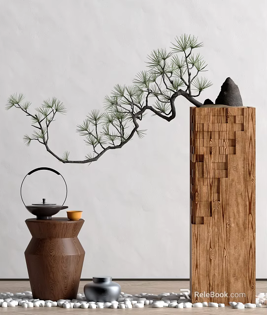 Pine Bonsai Plant With Decorative Wooden Column And Teapot On Small Table Against White Wall 3d model 