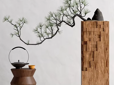Pine Bonsai Plant With Decorative Wooden Column And Teapot On Small Table Against White Wall 3d model
