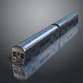 Silver Model Train with Two Carriages Blue Stripes and Reflection on Grey Background