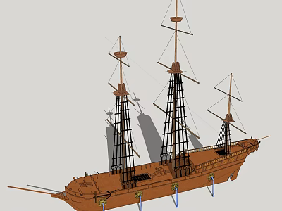 Wooden Ship Model With Multiple Masts Rigging Structure And Display Stands 3d model