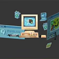 Vintage Computer Setup Featuring Retro Monitor Keyboard Mouse Pixel Art Smiley Face And Dialog Box