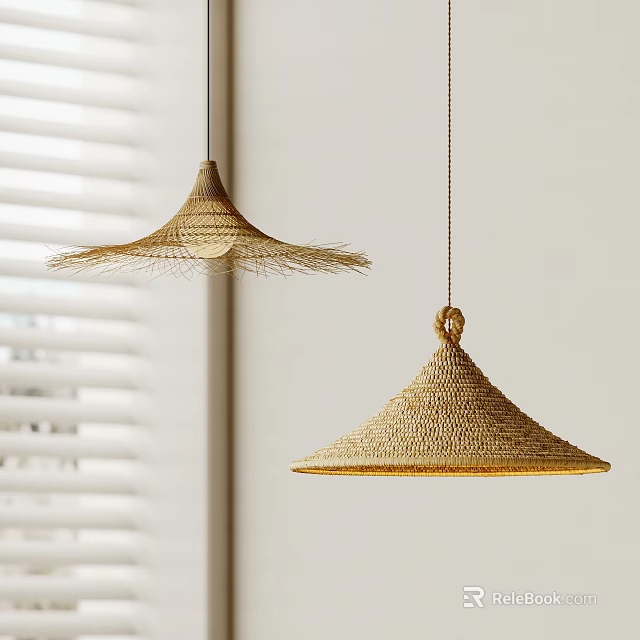 Woven Pendant Lights In Natural Rattan Conical Shape With Soft Natural Light And Window Blinds 3d model 