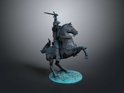 Man Riding Rearing Horse Holding Weapon On Detailed Bronze Statue Base 3d model