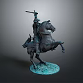 Man Riding Rearing Horse Holding Weapon On Detailed Bronze Statue Base