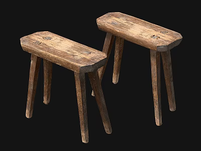 Two Rustic Wooden Stools With Rectangular Seat And Three Legs Design 3d model