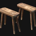 Two Rustic Wooden Stools With Rectangular Seat And Three Legs Design