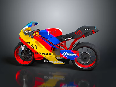 Honda Racing Motorcycle With Red Yellow Blue Body Black Seat 84 KOMATSU X-TREME Logos 3d model